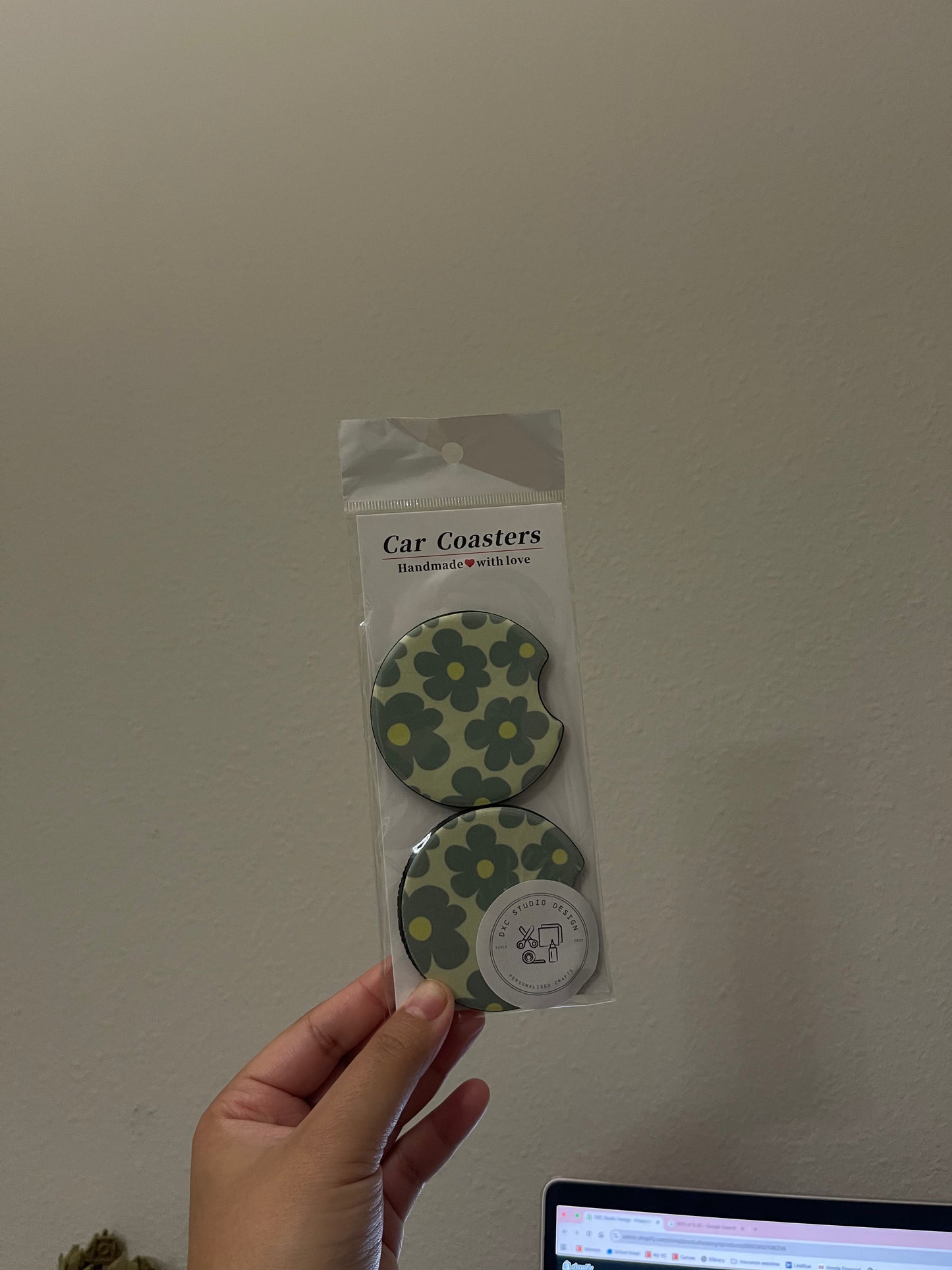 Green Daisy Car Coasters